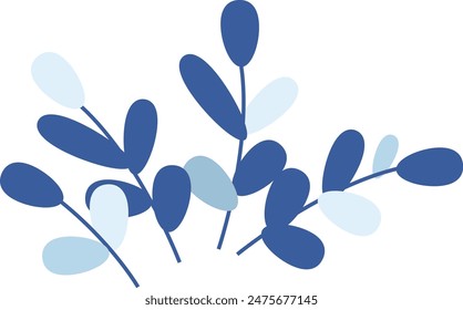 Blue leaves vector art isolated white background. Simple botanical illustration modern minimalist style. Shades blue overlapping foliage design clean