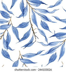 Blue leaves vector watercolor texture pattern.Watercolor floral pattern.Seamless pattern can be used for wallpaper,pattern fills,web page background,surface textures