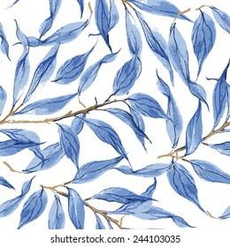 Blue leaves vector watercolor texture pattern.Watercolor floral pattern.Seamless pattern can be used for wallpaper,pattern fills,web page background,surface textures