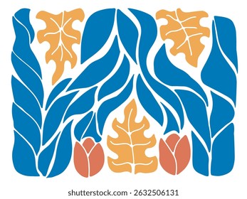Blue leaves and yellow leaves and red tulips. Minimalist paintings with doodles style