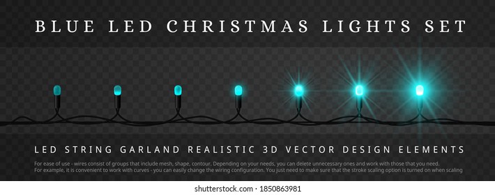 Blue LED Christmas String Lights with different phase of Light. Decoration Elements for Holidays Design. Block structure, easy editing. Instruction at bottom of pic.. Easy to animate. 3D Vector