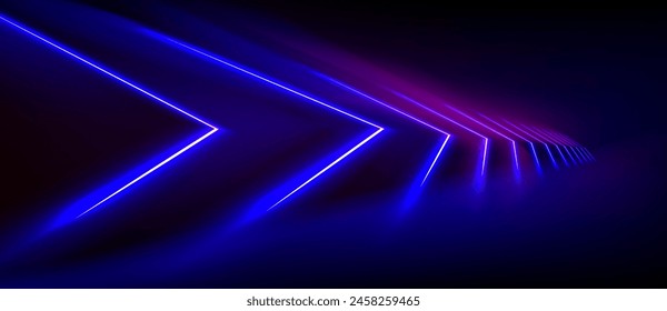 Túnel de luz led azul sobre fondo negro. Ilustración realista del Vector de la iluminación abstracta del arco de neón que brilla en el escenario oscuro, pasillo del rayo láser para la decoración de la discoteca, ciberespacio futurista