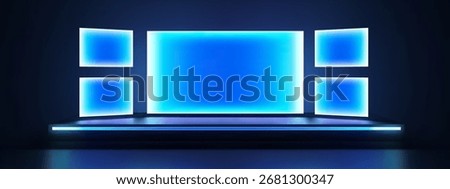 Blue LED neon panels on futuristic stage and dark background. Bright illuminated digital screens modern display wall. Minimalist platform lighting highlights a sleek virtual presentation.