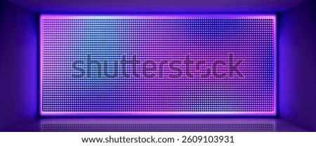 Blue led screen mockup in room. Vector realistic illustration of neon purple light stage panels, tv show, stadium, concert or night club wall equipment, lcd display with color dots, color lamps grid