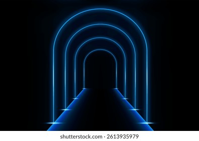 Blue LED tunnel in the form of an arch. 3D vector illustration isolated on a dark background.