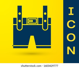 Blue Lederhosen icon isolated on yellow background. Traditional bavarian clothing. Oktoberfest outfit. Pants with suspenders. Patrick day.  Vector Illustration