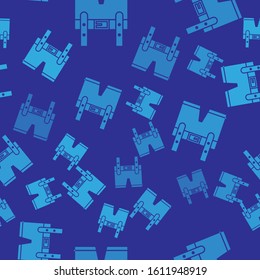 Blue Lederhosen icon isolated seamless pattern on blue background. Traditional bavarian clothing. Oktoberfest outfit. Pants with suspenders. Patrick day.  Vector Illustration