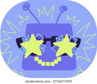 Blue and lemon cartoon outline set illustration. AI robot creation text, video, art, music content