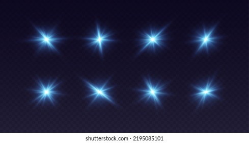 Blue lens flare, glowing star with rays, shiny flash spark, bright cosmic explosion isolated on black. Vector illustration.