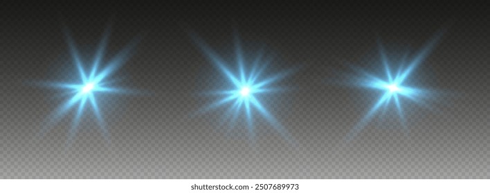 Blue lens flare, glowing star with rays, shiny flash spark, bright cosmic explosion isolated on black. Vector illustration.