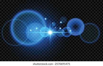 Blue lens flare light shiny effect on transparent background. sparkle stars bright glowing.vector illustration