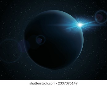 Blue lens flare and planets in outer space with countless stars in the background. 3d illustration.