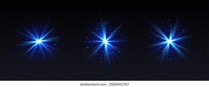 Blue lens flare, shiny star effect, glowing spark, magic twinkle, abstract galaxy gleam isolated on dark background. Vector illustration.