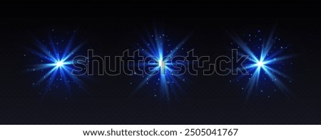 Blue lens flare, shiny star effect, glowing spark, magic twinkle, abstract galaxy gleam isolated on dark background. Vector illustration.