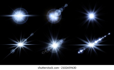 Blue lens flares set.
Isolated on black background. Sun flash with rays or spotlight and bokeh. Blue glow flare light effect. Vector illustration.
