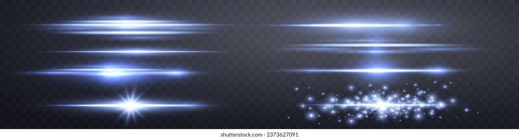 Blue lensflares set. Light flash with rays or blue spotlight. Glow flare light effect. Vector illustration. Isolated on dark transparent background. 