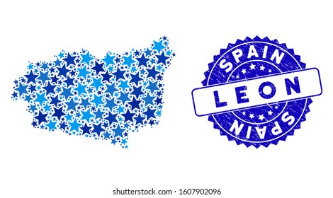 Blue Leon Province map mosaic of stars, and textured round seal. Abstract geographic scheme in blue color tints. Vector Leon Province map is designed of blue stars.