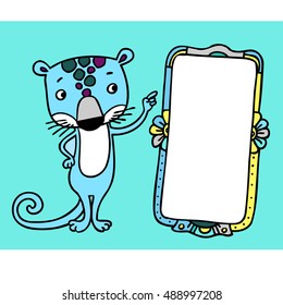 A blue leopard on green background and yellow photo frame. Left raised hand.