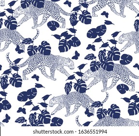Blue Leopards and butterfly with palm leaves on white background. Seamless pattern in Asian style. Vector illustration