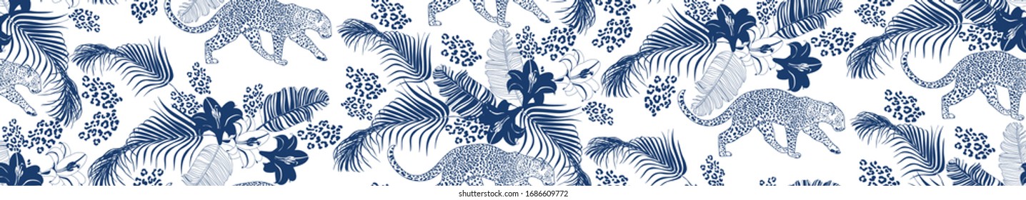 Blue Leopards with trees on white background. Seamless pattern in Asian style. Vector illustration