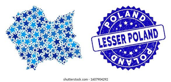 Blue Lesser Poland Voivodeship map composition of stars, and grunge rounded seal. Abstract geographic plan in blue color tones. Vector Lesser Poland Voivodeship map is designed of blue stars.