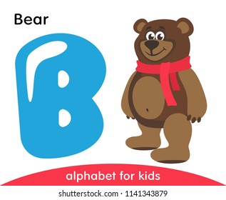 Blue letter B and brown Bear. English alphabet with animals. Cartoon characters isolated on white background. Flat design. Zoo theme. Colorful vector illustration for kids.