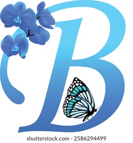 Blue letter B with orchid and butterfly on white background