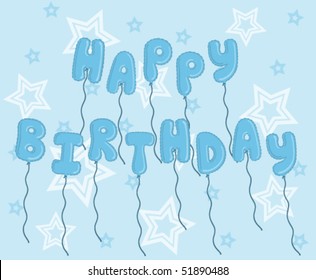 Blue letter balloons spelling out "Happy Birthday" on a blue star filled background.