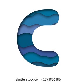Blue letter C cut out of paper.Realistic 3d effect of cut out of paper letter C on a background of blue waves. Vector