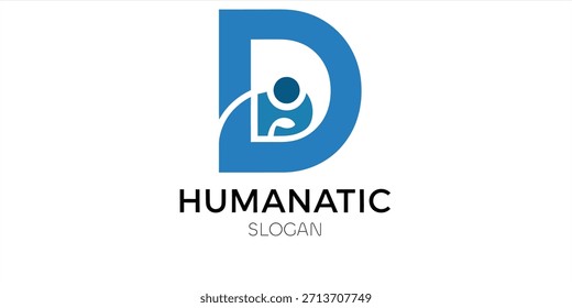 A blue letter D logo featuring an abstract human figure is presented on a white background The text Humanatic and Slogan are visible below the graphic