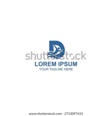 Blue letter D logo with fish shape and flowing wave lines in aquatic style.