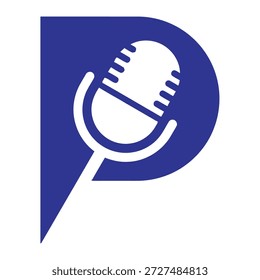 Letra azul D logotipo com símbolo de microfone ícone de áudio ícone de sinal de comunicação ícone