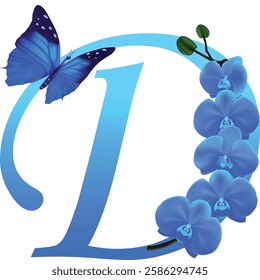 Blue letter D with orchid and butterfly on white background