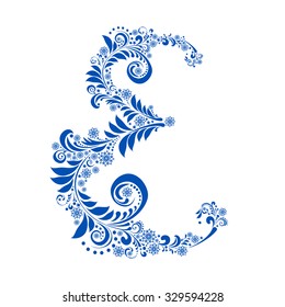 Blue letter E isolated on white. Romantic letter of beautiful snowflake. Snowflake pattern letter. Vector Illustration