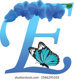 Blue letter E with orchid and butterfly on white background