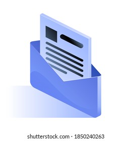 Blue letter in envelope icon in isometric view. Electronic communication, email marketing service, receiving message, incoming notification concept. Vector illustration isolated on white background
