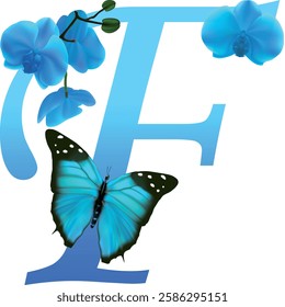 Blue letter F with orchid and butterfly on white background