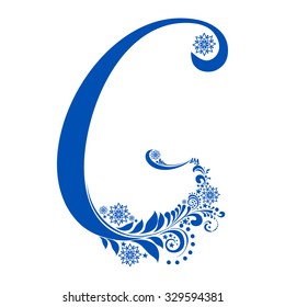 Blue letter G isolated on white. Romantic letter of beautiful snowflake. Snowflake pattern letter. Vector Illustration