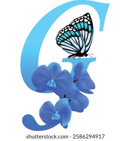 Blue letter G with orchid and butterfly on white background