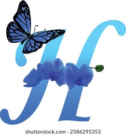 Blue letter H with orchid and butterfly on white background