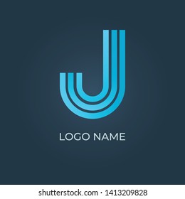 Blue letter "J" logo with lines on isolated dark background. Vector image