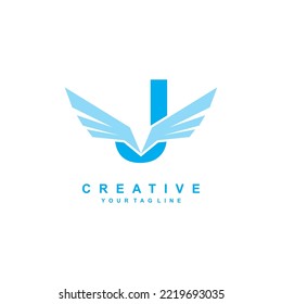 blue letter J logo template design with wings. Vector J creative logo with wings. modern logotype symbol. wing logo. freedom symbol vector. flying icon