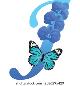 Blue letter J with orchid and butterfly on white background