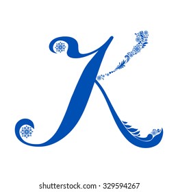 Blue letter K isolated on white. Romantic letter of beautiful snowflake. Snowflake pattern letter. Vector Illustration