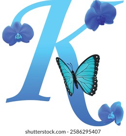 Blue letter K with orchid and butterfly on white background