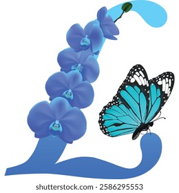 Blue letter L with orchid and butterfly on white background