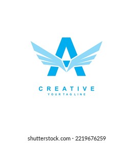 
blue letter A logo template design with wings. Vector A creative logo with wings. modern logotype symbol. wing logo. freedom symbol vector. flying icon