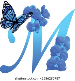 Blue letter M with orchid and butterfly on white background