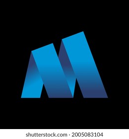 Blue Letter M ribbon or fold shape logo design template on black background. Vector illustration. 