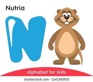 Blue letter N and brown Nutria. English alphabet with animals. Cartoon characters isolated on white background. Flat design. Zoo theme. Colorful vector illustration for kids.